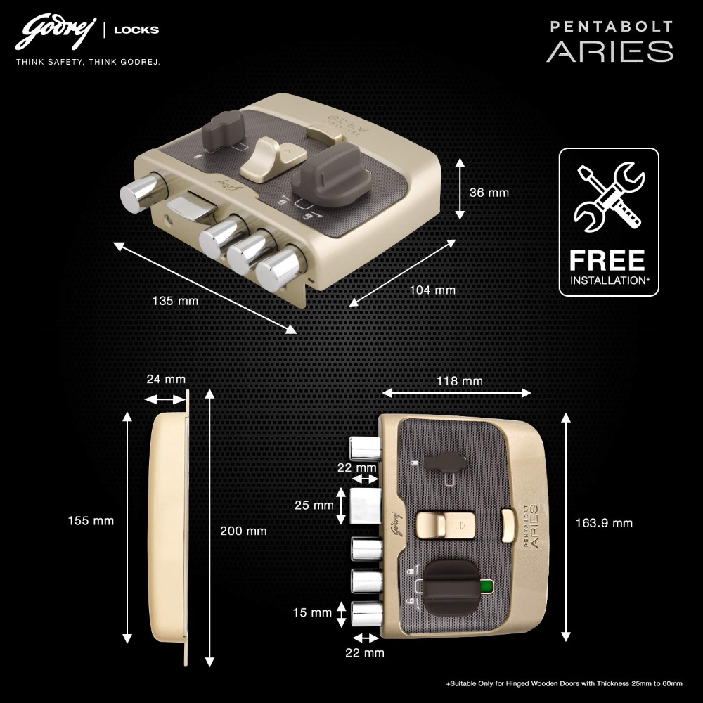 Godrej Rim Lock I Pentabolt Aries 3KS I 5 Bolts I 1CK Deadbolt I For Home Main Door I for Inside Opening Door l Left Right Handed Doors I 4Keys I 15 Year Warranty I Manual Locking I Vegas Gold Finish